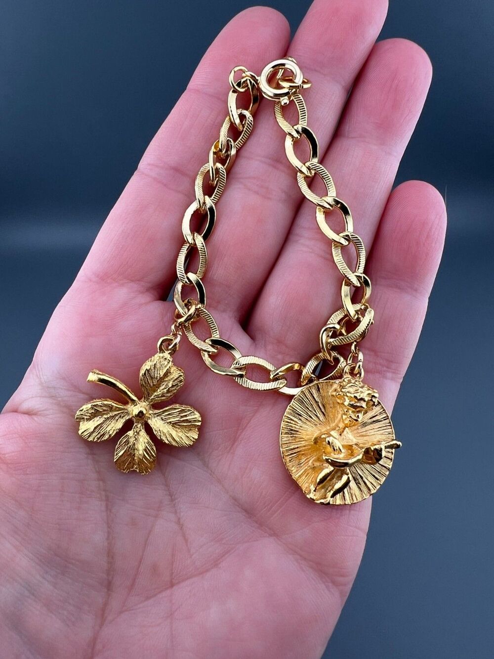 Vintage Germany Charm Bracelet Gold Tone Curb Link Good Luck Clover Mandolin - Picture 6 of 14